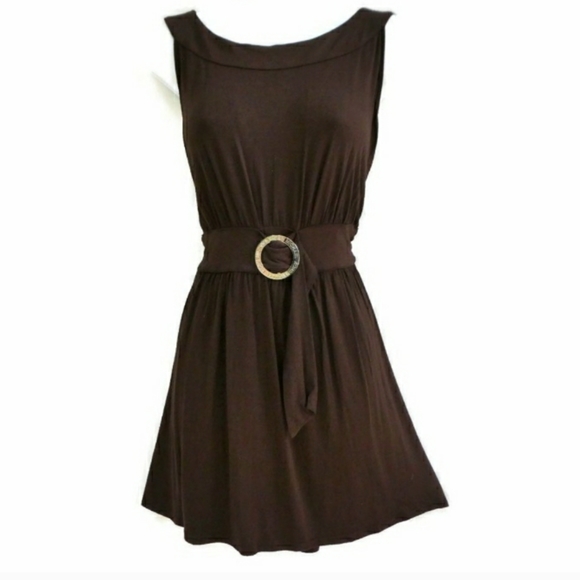 MICHAEL KORS Sleeveless Brown Tunic Mini Dress Silver Buckle Empire Waistband - Picture 10 of 11